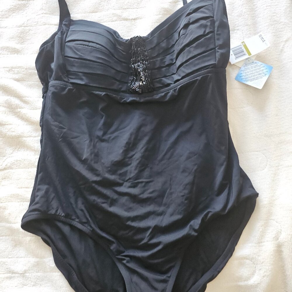 Gorgeous designer Badgley Mischka black, beaded one-piece swimsuit, sz. 12